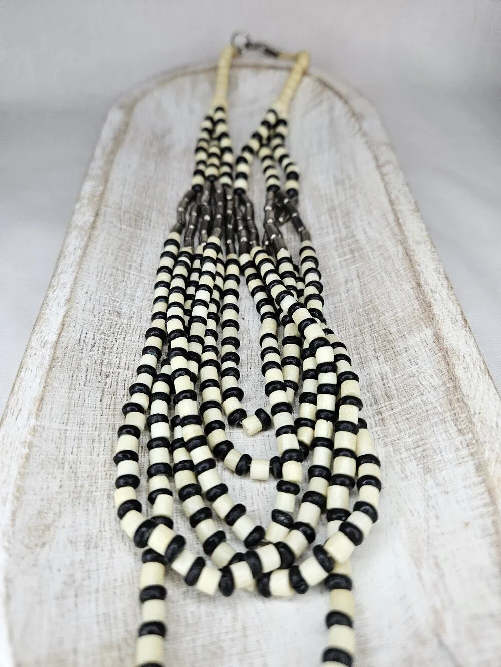 Vintage Multi Strand Black Cream Beaded Statement Necklace Tribal Boho 17-24